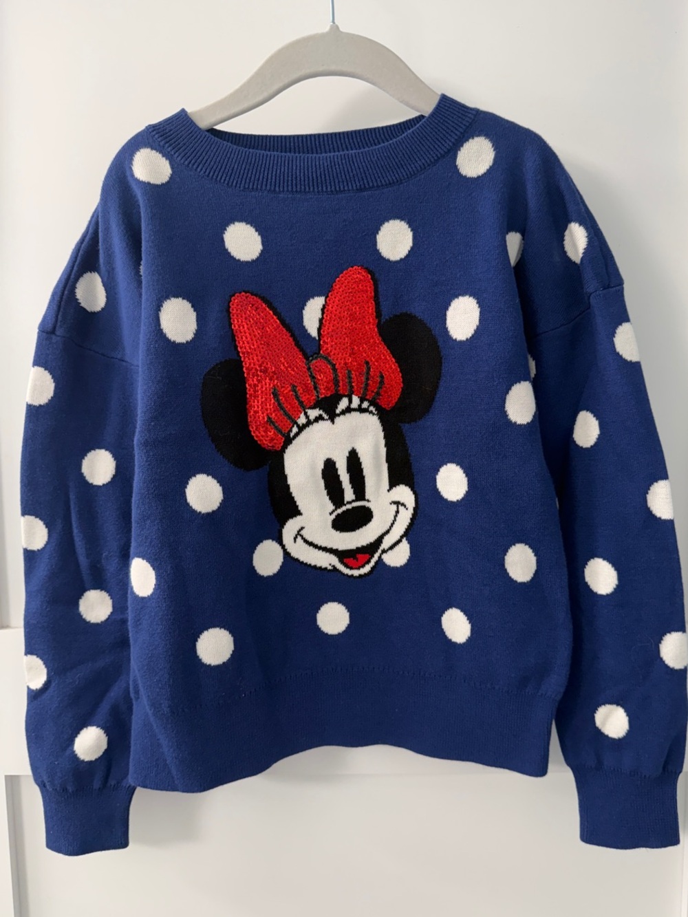 Girls Polka Dot Minnie Mouse Knit Sweater with Red Sequined Bow (M)